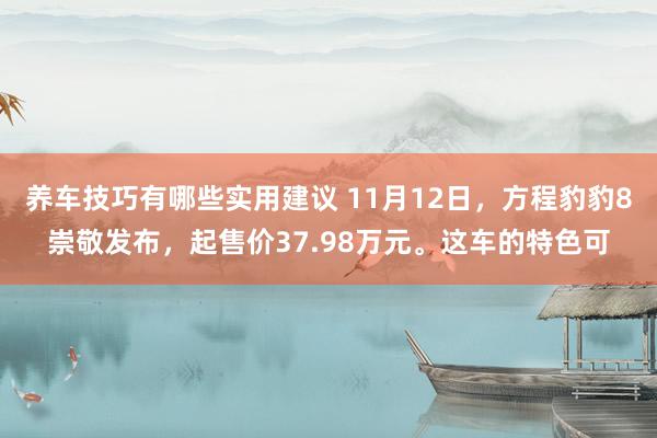 养车技巧有哪些实用建议 11月12日，方程豹豹8崇敬发布，起售价37.98万元。这车的特色可